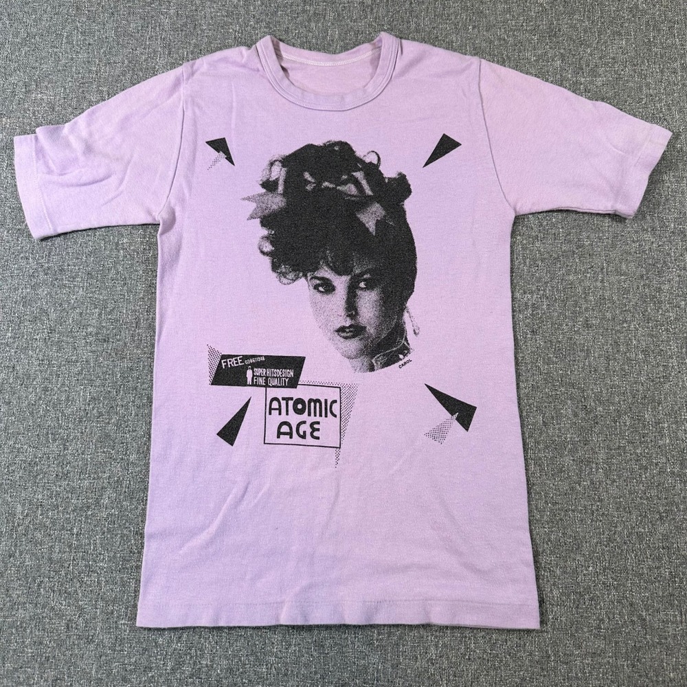 Atomic Age Graphic T-Shirt Purple Retro Portrait‎ Streetwear Tee Womens Small